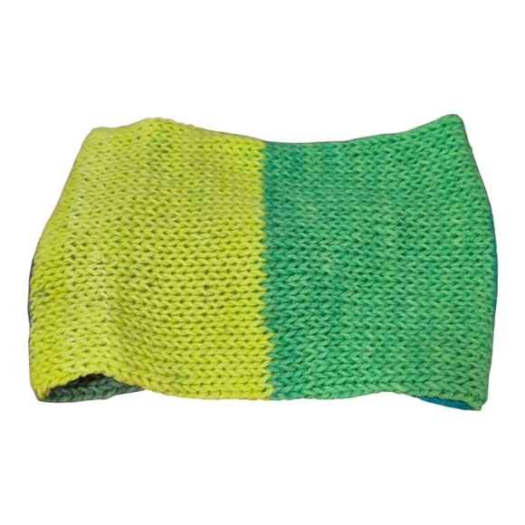 Hand Knit Twisted Headband in Blue Green Yellow - Picture 4 of 4